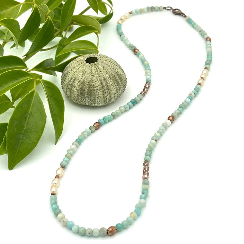 Amazonite Pearl Gemstone Boho Bead Necklace