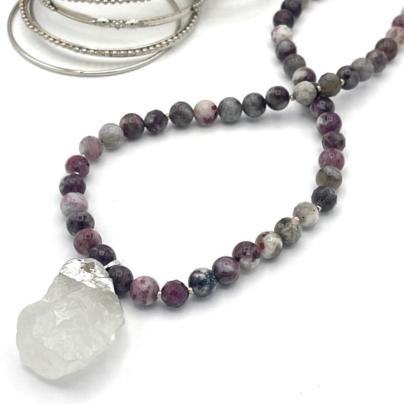 Silver Foil Wrapped Rock Crystal Pendant Long Necklace