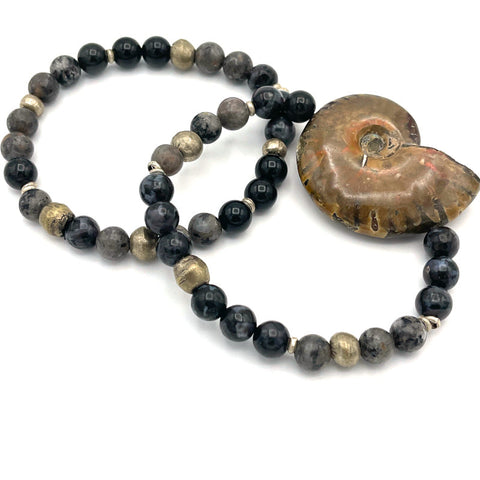 Men's Onyx Bracelets with Fossilized Shell Pendant