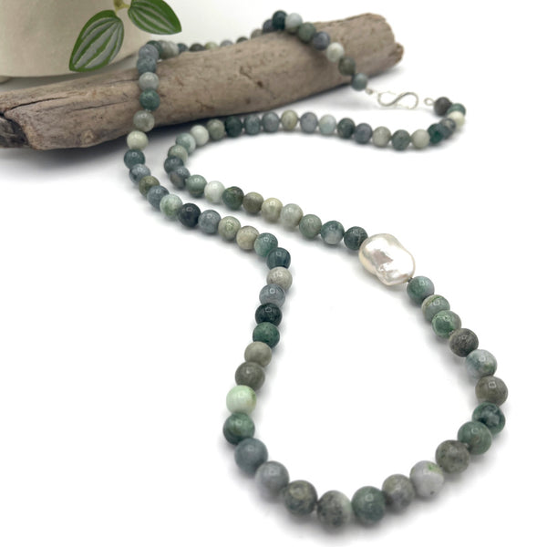 Baroque Pearl and Green Jade Gem Long Necklace