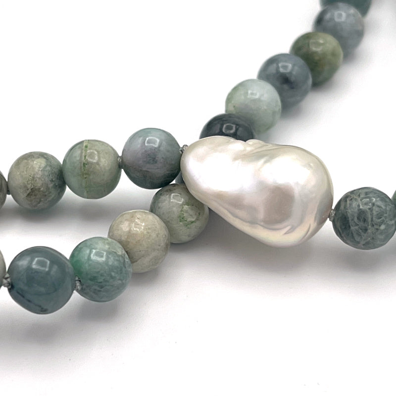 Baroque Pearl and Green Jade Gem Long Necklace