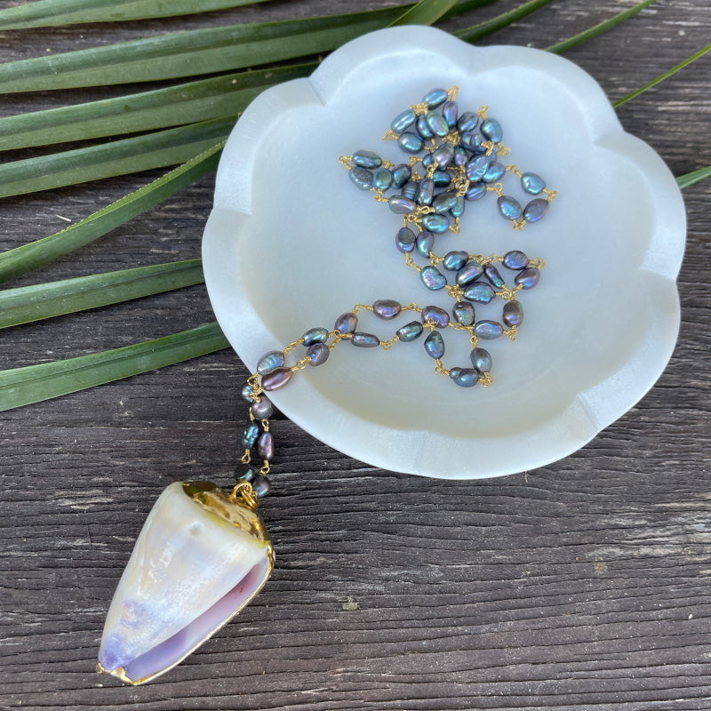 Black Freshwater Pearl with Lavender Seashell Pendant Necklace