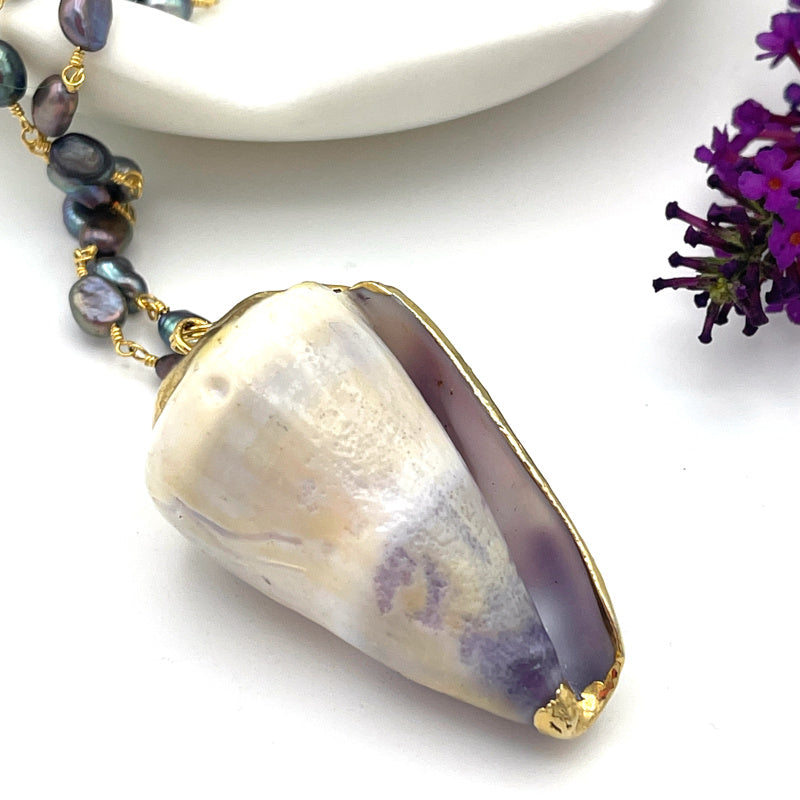 Black Freshwater Pearl with Lavender Seashell Pendant Necklace