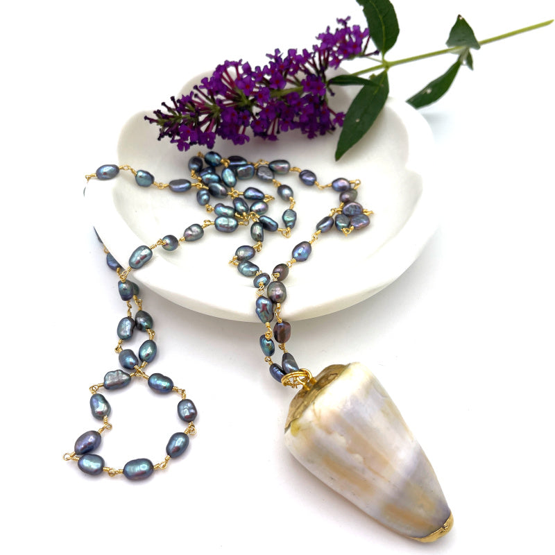 Black Freshwater Pearl with Lavender Seashell Pendant Necklace