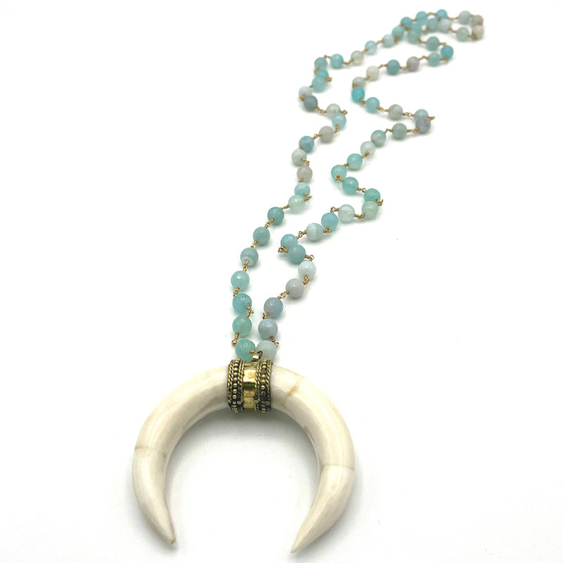 Crescent Moon Necklace with Sky Blue Agate Gemstones