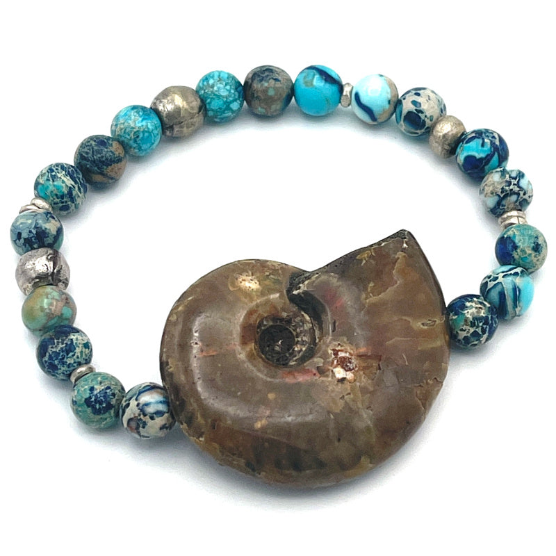 Men's Fossil Bracelet with Blue Night Sky Sea Jasper Gemstones