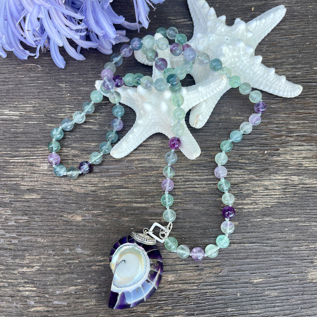 Fluorite Gemstone Necklace with Purple Nautilus Shell Pendant