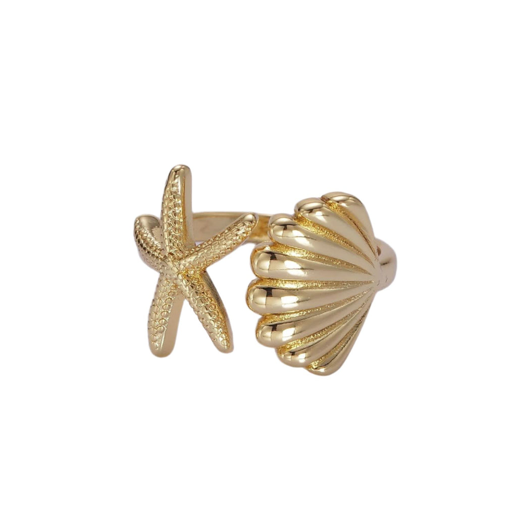 Gold Shell and Starfish Adjustable Ring