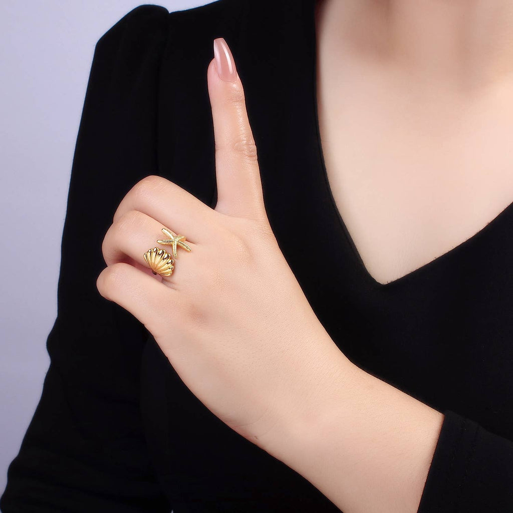 Gold Shell and Starfish Adjustable Ring