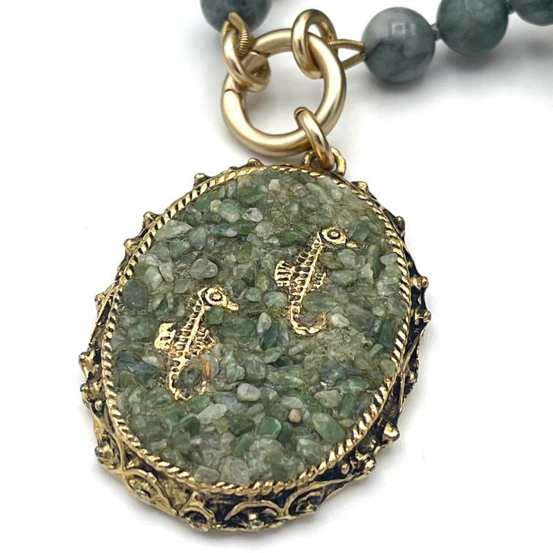 Jade Gemstone Necklace with Gold Seahorse Pendant