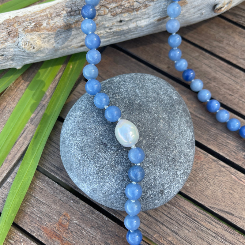 Baroque Pearl and Blue Aventurine Gem Long Necklace