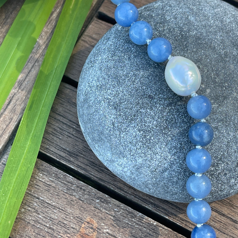 Baroque Pearl and Blue Aventurine Gem Long Necklace