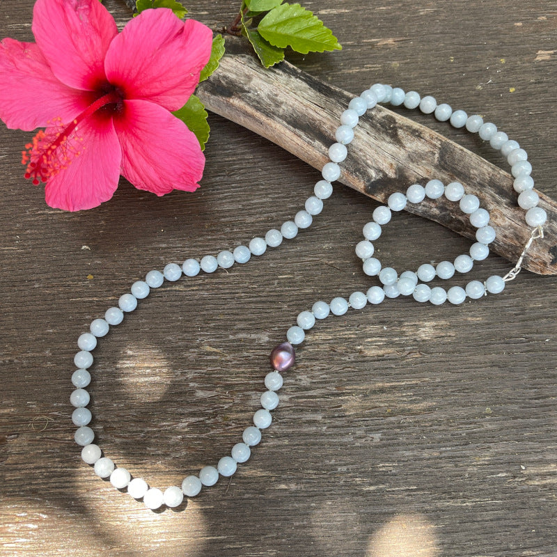 Purple Baroque Pearl and Blue Aquamarine Gem Long Necklace