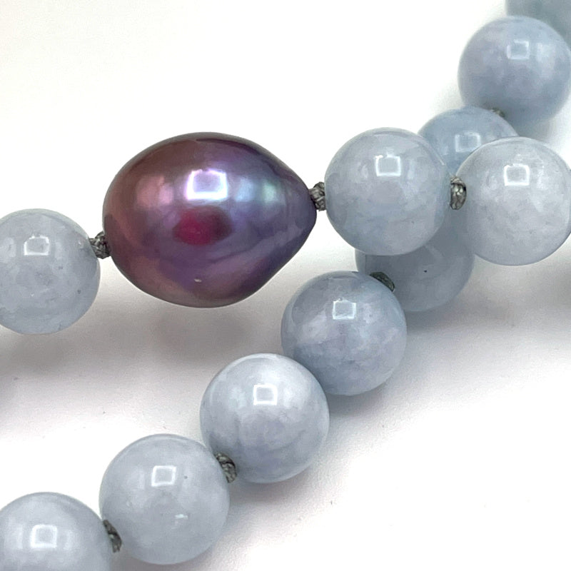 Purple Baroque Pearl and Blue Aquamarine Gem Long Necklace