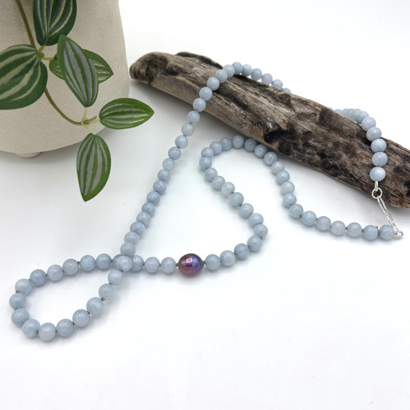 Purple Baroque Pearl and Blue Aquamarine Gem Long Necklace