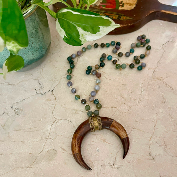 Tan Buffalo Bone Crescent Moon Rosary Necklace