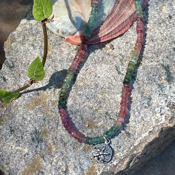 Silver Sand Dollar Tourmaline Charm Necklace 