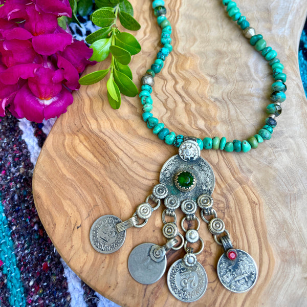 Turquoise Kuchi Tribal Coin Pendant Necklace