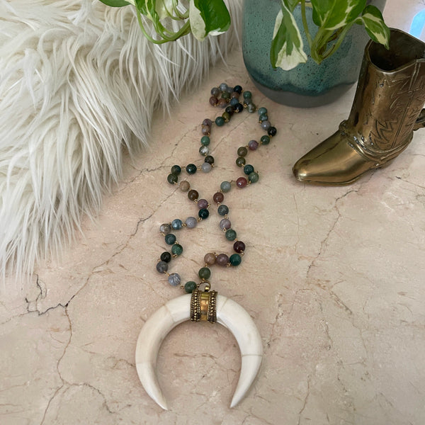Double Horn Beaded Rosary Chain Necklace
