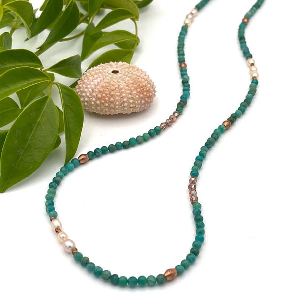 Green Amazonite and Pearl Long Necklace