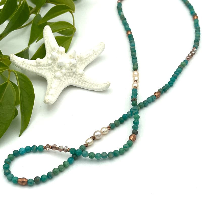 Long Small Amazonite and Pearl Gemstone Necklace