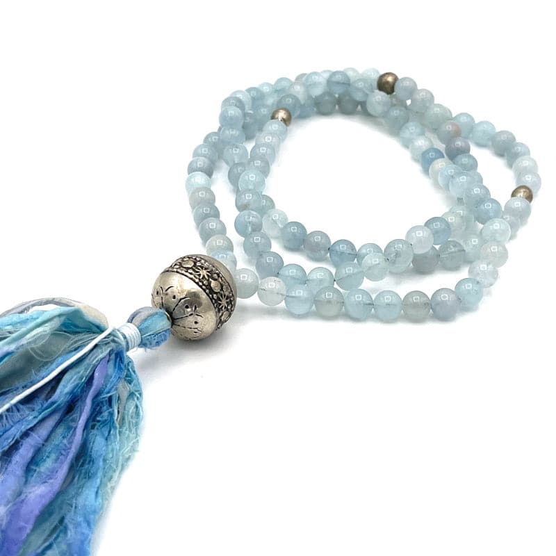 Ocean Blue Aquamarine Mala Necklace with Silk Tassel