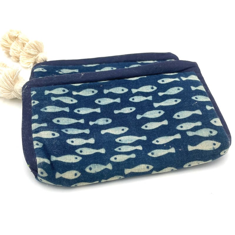 Fish Print Blue Batik Fabric Pouch with Tassel