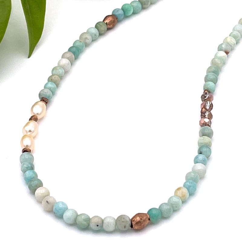 Amazonite Pearl Gemstone Boho Bead Necklace