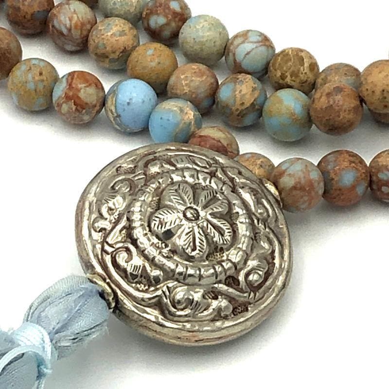 Round Silver Flower Guru Bead onCarolina Blue Sea Jasper Gemstone 108 Bead Mala Necklace 