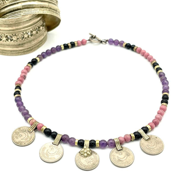 Amethyst and Onyx Choker with Antique Afghan Silver Coins