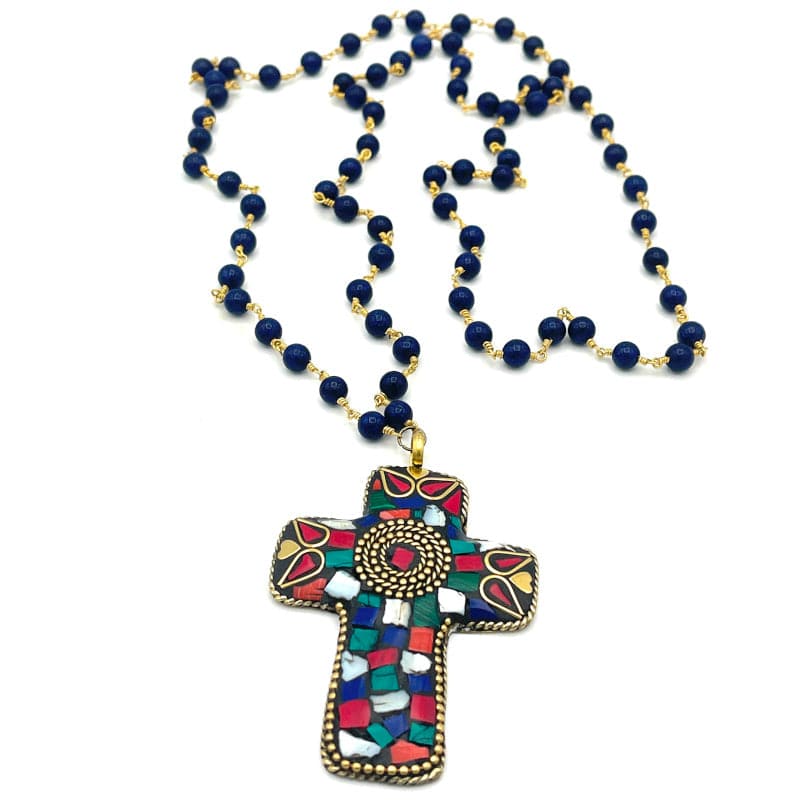 Multicolor Mosaic Large Cross Pendant Necklace