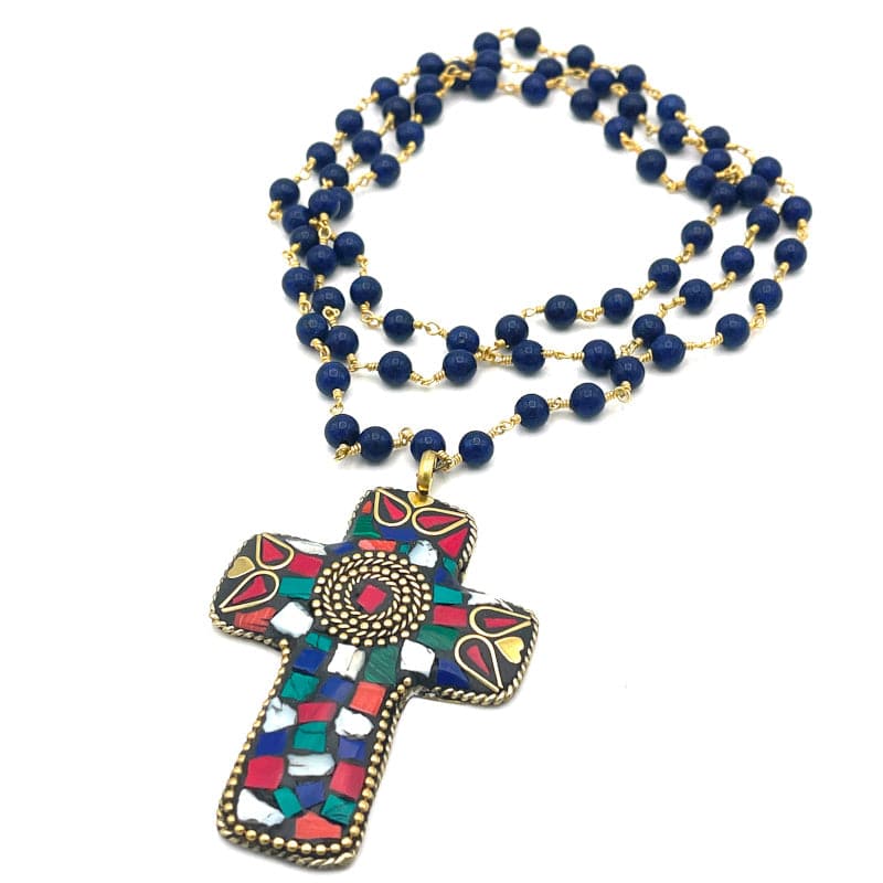 Multicolor Mosaic Large Cross Pendant Necklace