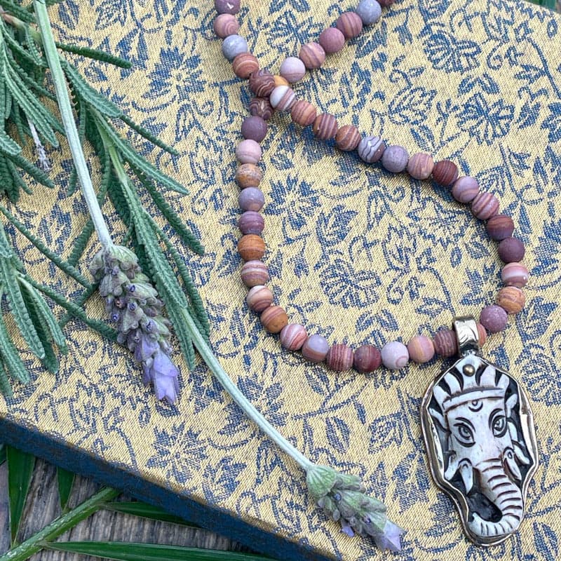 Tibetan Carved Bone Elephant Head Pendant Necklace – Violet Tiger