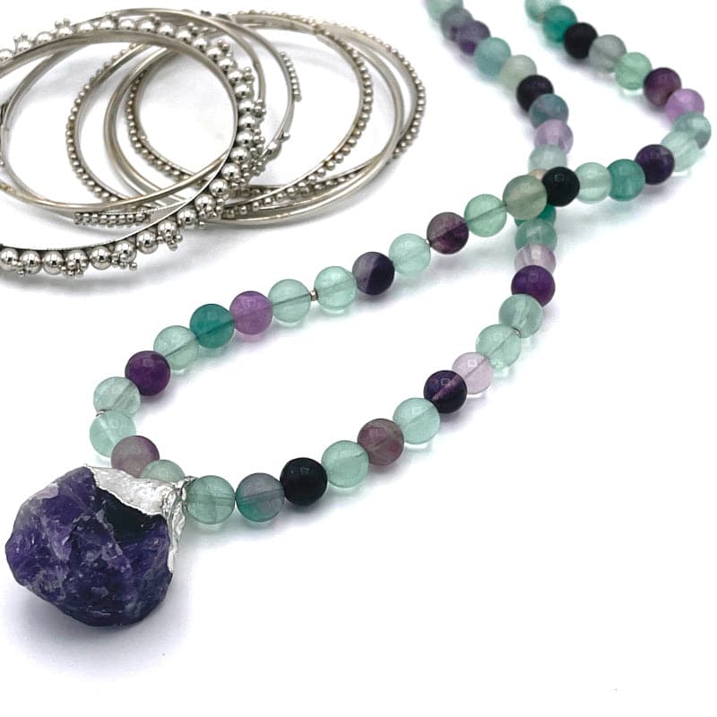 Amethyst Pendant Necklace with Fluorite Gemstones
