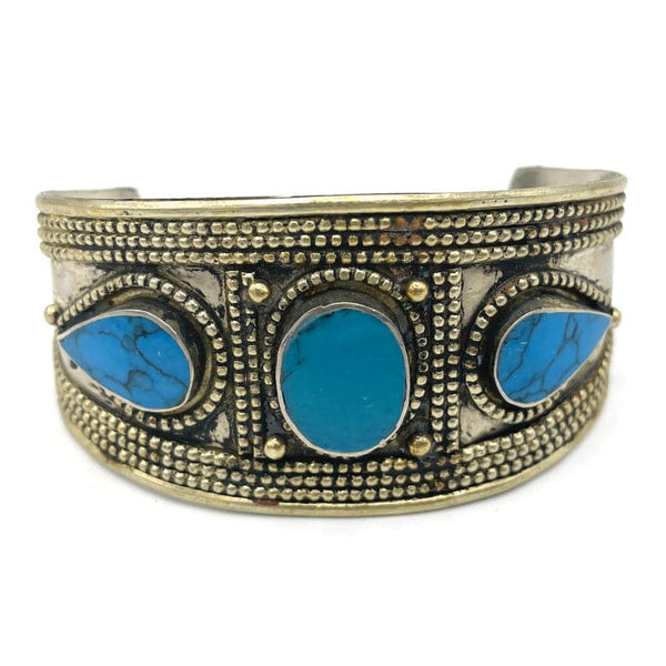 Antique Brass Cuff Bracelet with Turquoise Howlite Inlays