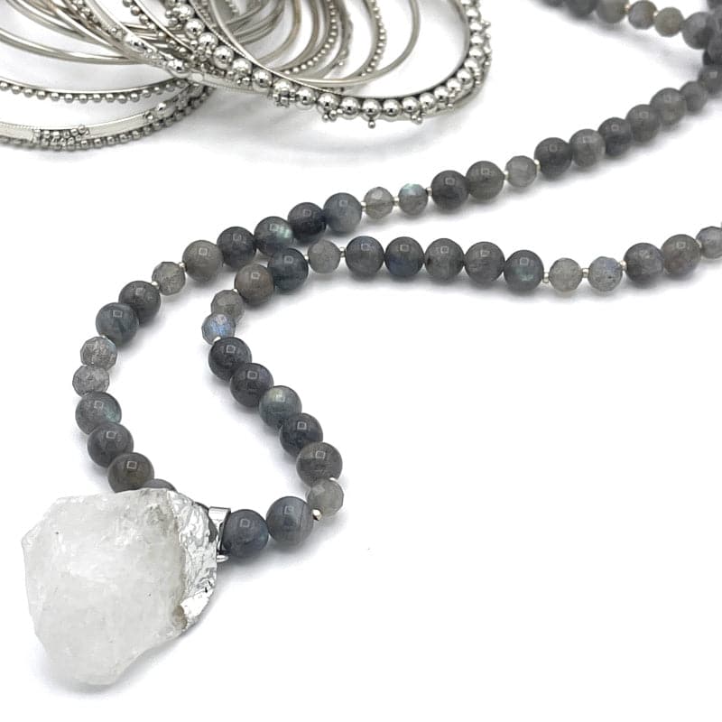 Clear Quartz Pendant Necklace with Labradorite Gemstones