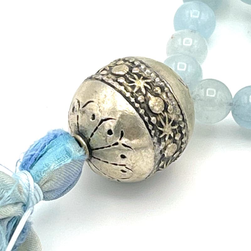 Silver Sun and Moon Round Guru Bead onOcean Blue Aquamarine Mala Necklace with Silk Tassel