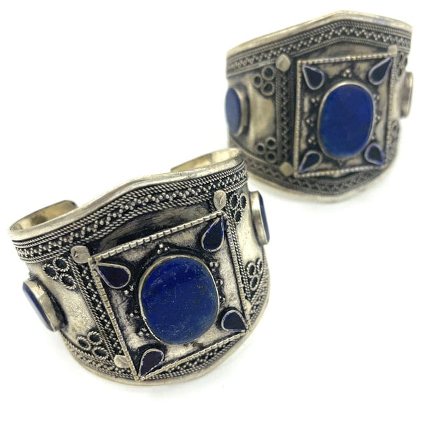 Antique Silver Cuff Bracelet with Blue Lapis Inlay